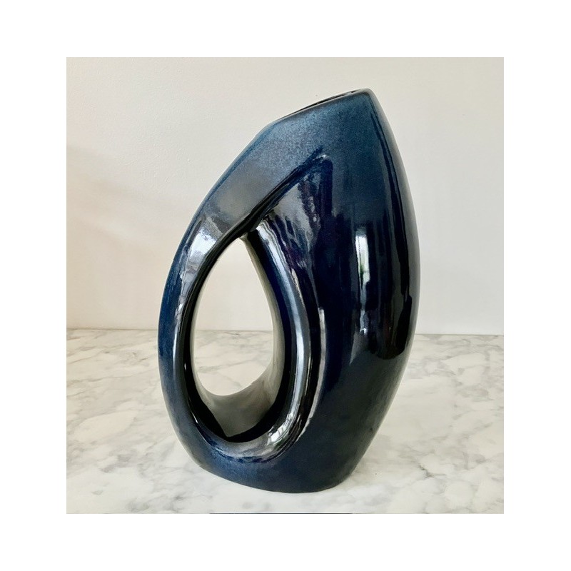 Vase bleu en grès vernissé 27 cm  petit défaut de cuisson à la base
