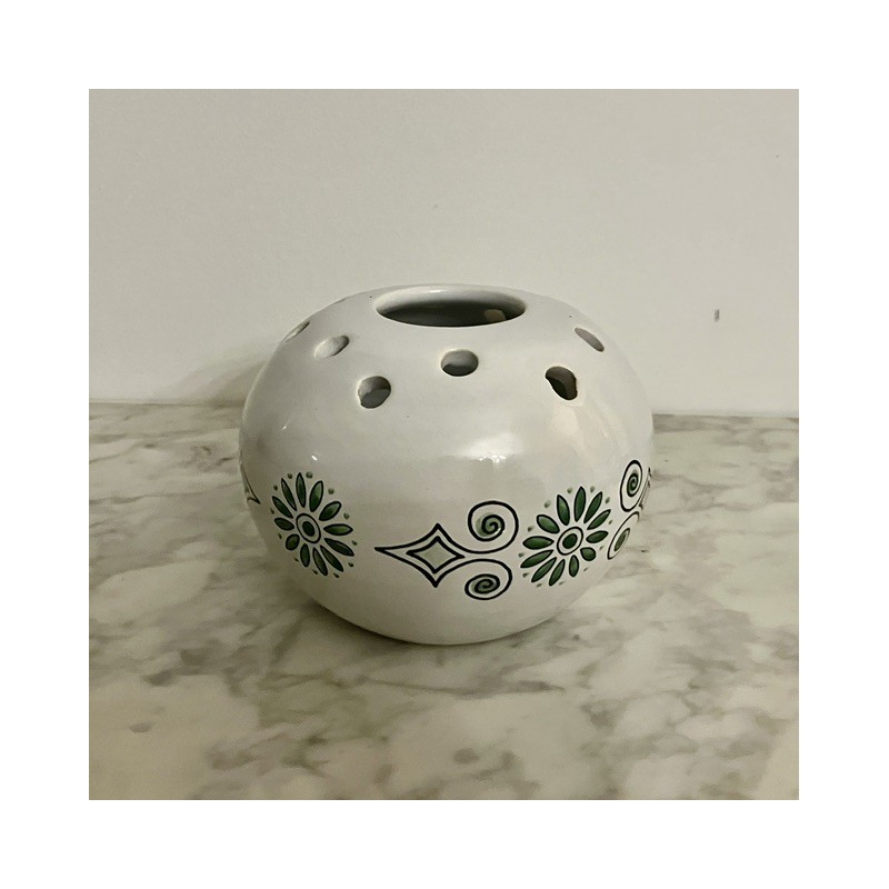 Vase pique fleurs en céramique vernissée blanc  décor floral vert