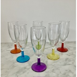 6 flûtes à champagne en verre pied couleur