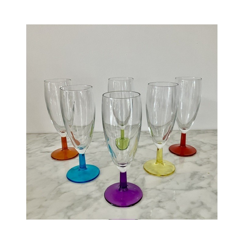 6 flûtes à champagne en verre pied couleur