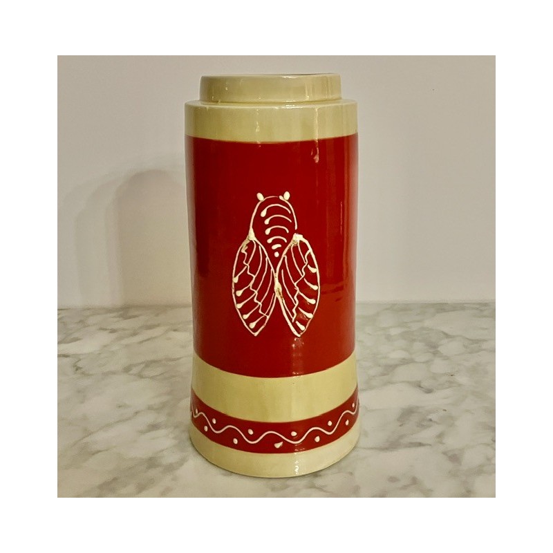 Vase décor à la cigale en céramique vernissée  rouge et jaune h 25 cm